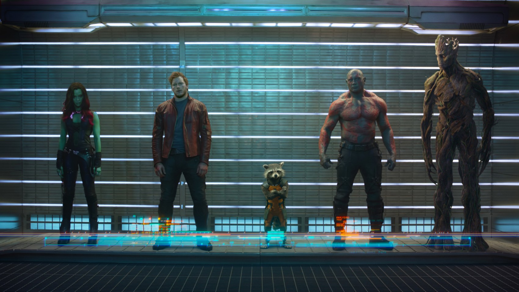 Marvel's Guardians Of The Galaxy

L to R: Gamora (Zoe Saldana), Peter Quill/Star-Lord (Chris Pratt), Rocket Raccoon (voiced by Bradley Cooper), Drax The Destroyer (Dave Bautista) and Groot (voiced by Vin Diesel)

Ph: Film Frame

©Marvel 2014