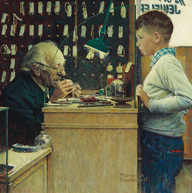 Norman Rockwell What Makes It Tick? (The Watchmaker) (1948). Foto ©Christie's