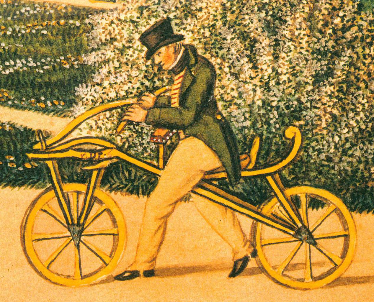 Karl von Drais riding his Draisine. Fonte: WikiCommons