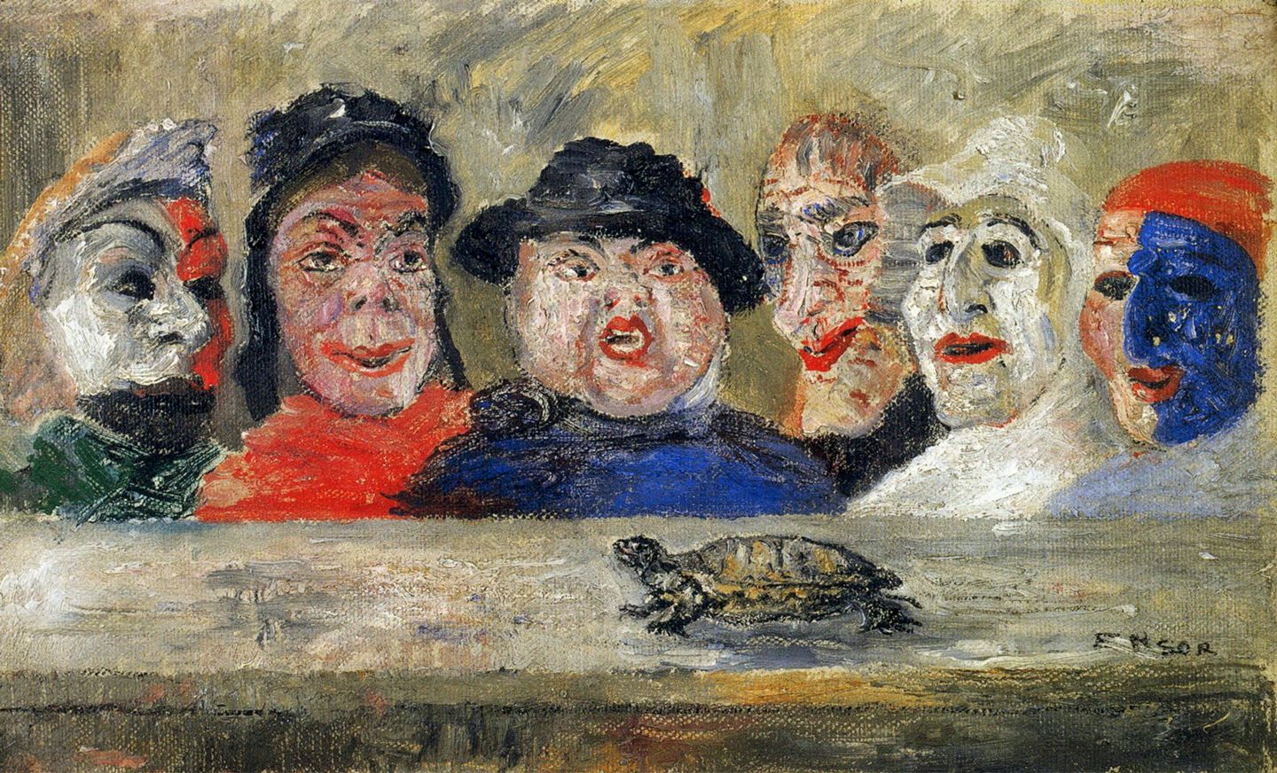 James Ensor - Maschere che guardano una tartaruga (1894). Collezione privata